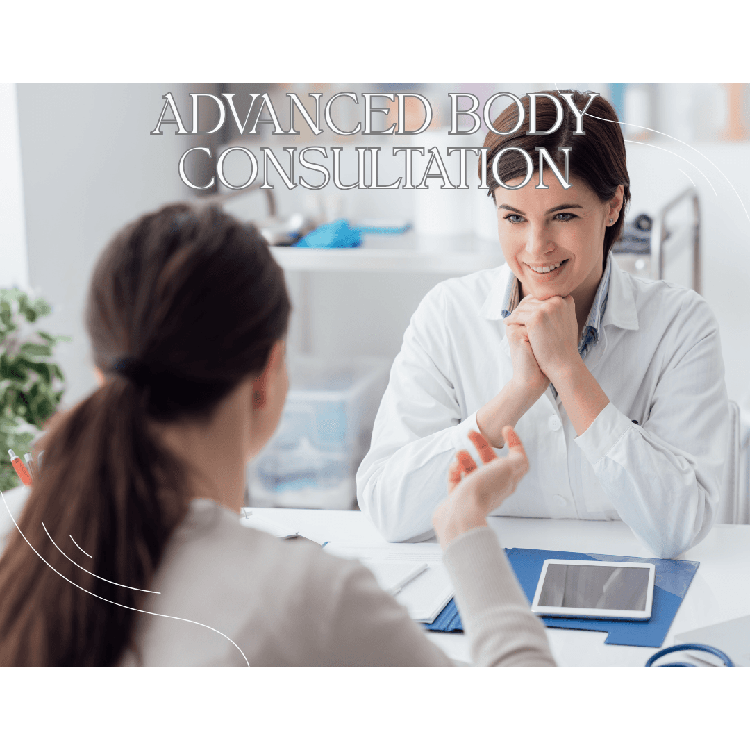 ADVANCED BODY CONSULTATION A comprehensive body consultation designed to thoroughly assess your needs, understand your goals, and recommend the most effective treatment solutions tailored specifically for you. Call us at 03330163500.